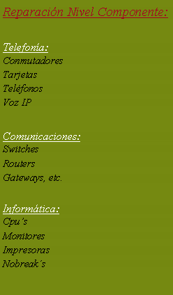 Cuadro de texto: Reparacin Nivel Componente:Telefona:ConmutadoresTarjetasTelfonosVoz IPComunicaciones:SwitchesRoutersGateways, etc.Informtica:CpusMonitoresImpresorasNobreaks